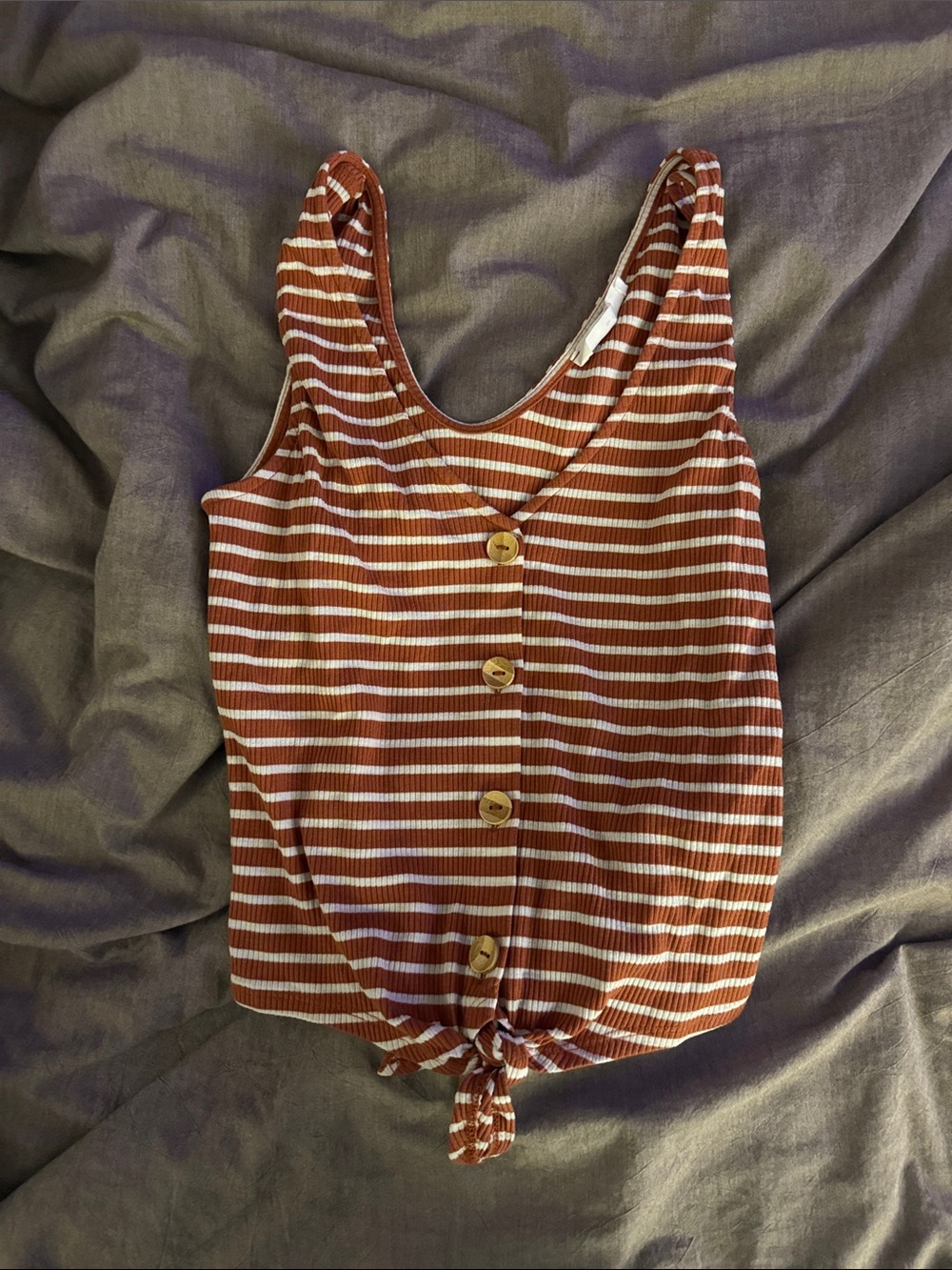 Elodie Rust and White Striped Ribbed Tank with Front Buttons